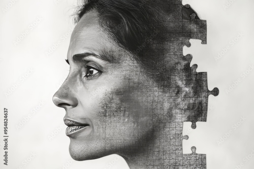 Aufkleber cbt emotional processing profile of a woman with puzzle pieces missing from her head symbolizing mem