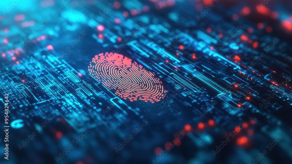 Poster high-tech fingerprint scan on a digital interface, symbolizing personal data security and the import