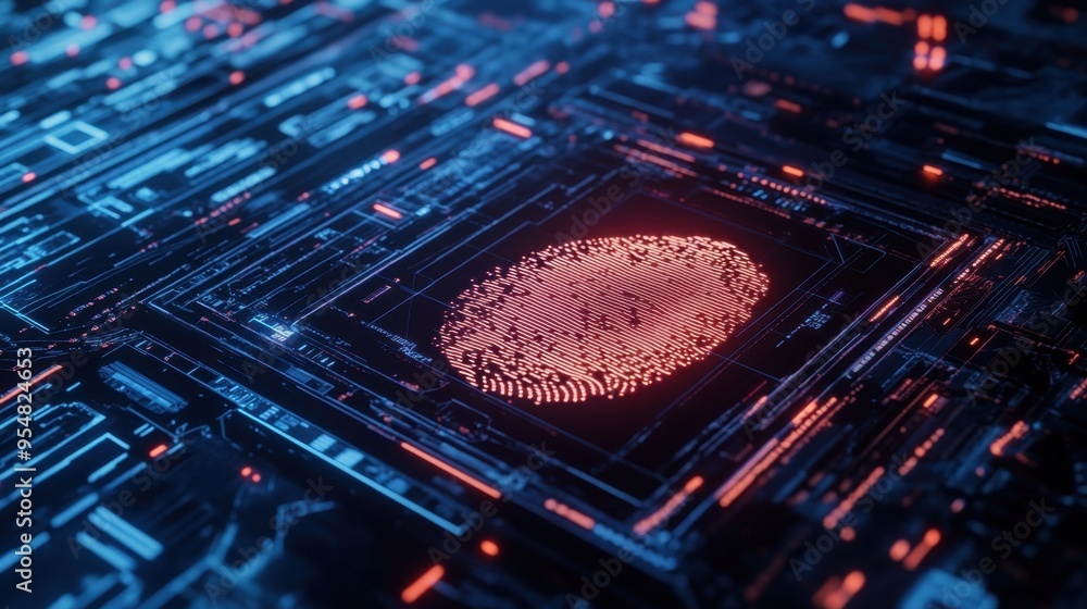 Aufkleber high-tech fingerprint scan on a digital interface, symbolizing personal data security and the import