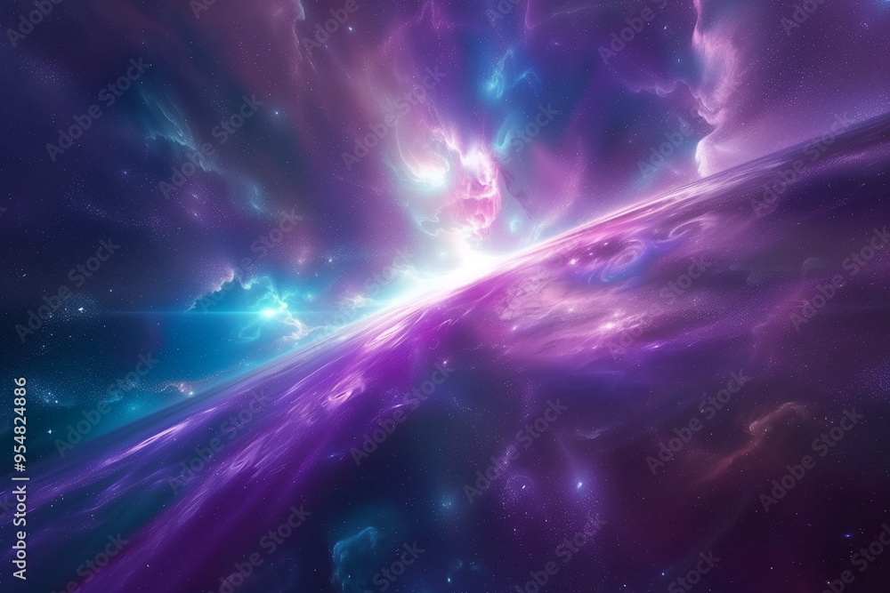 Poster flying into a colorful and dynamic nebula in the outer space. animation of a colorful bright galaxy 