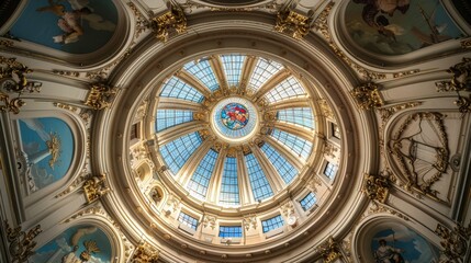 Obraz premium Classical Architecture. Renaissance Dome Ceiling with Stained Glass in Blue Sky View