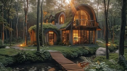 Fototapeta premium Forest Cottage Villa. Generative AI.