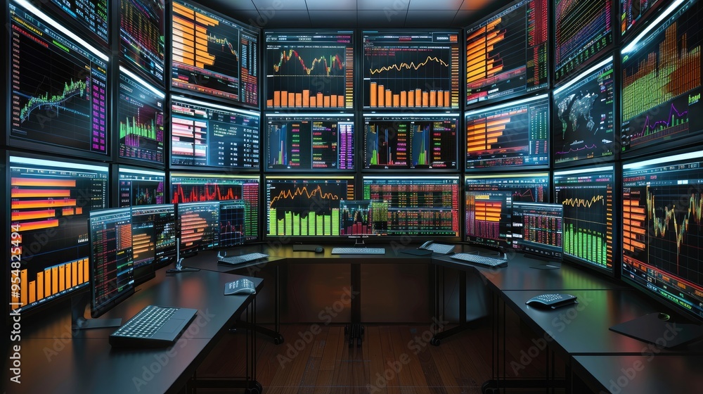 Poster A trading room with multiple screens displaying various steep. Generative AI.
