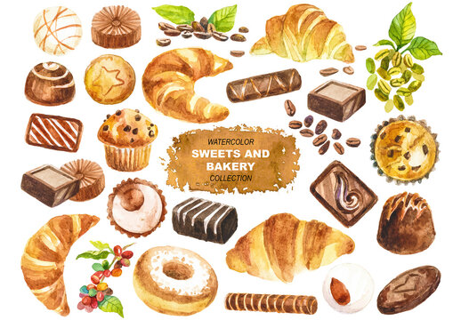 Vector watercolor painted sweets and bakery clipart Hand drawn elements isolated on white background