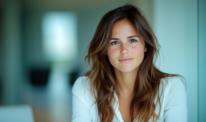Fototapeta premium Confident and Radiant: Portrait of a Young Businesswoman in Office Setting. Professional Success, Cultural Diversity, Work-Life Balance. Portrait of a young businesswoman looking at the camera in a