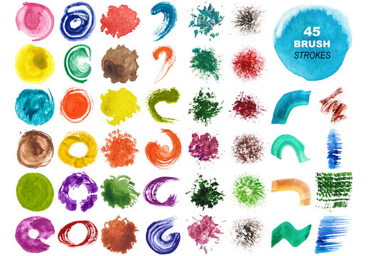 Vector collection of colorful watercolor brush strokes and splatters isolated on white background.