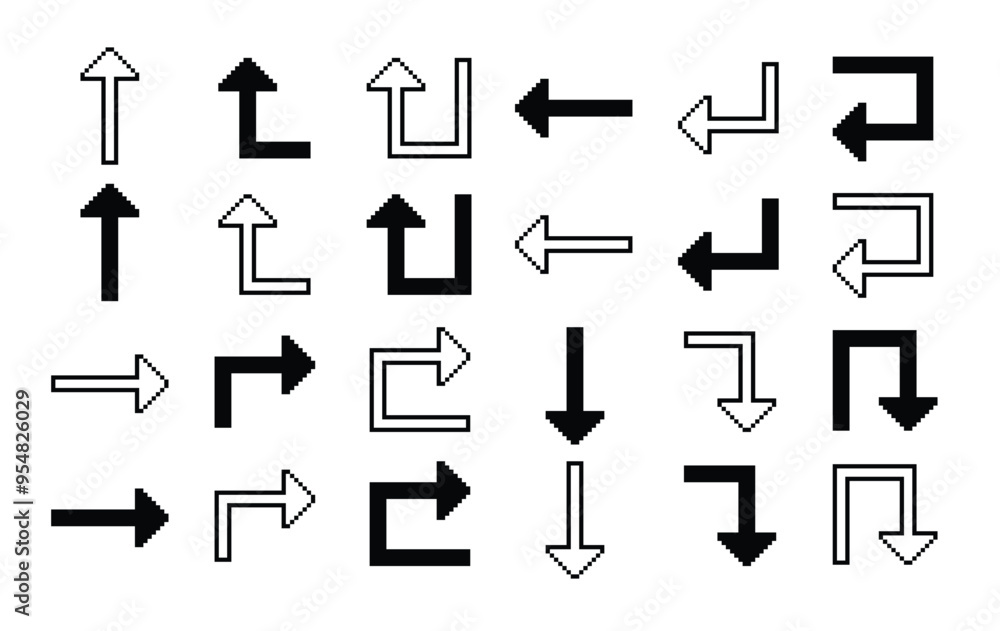 Poster 8 bit pixel arrows vector big set of icons, collection of arrow direction cursors in old pc or gamin