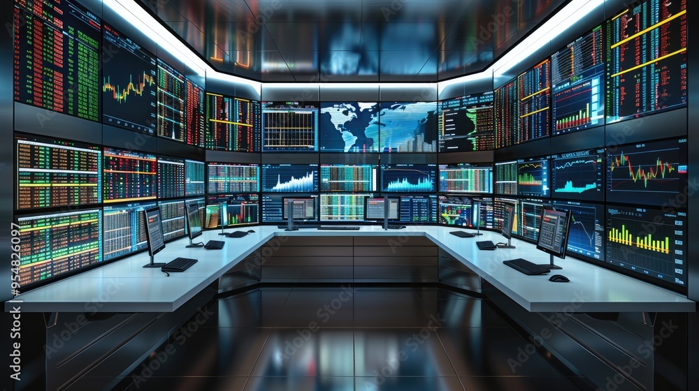 Aufkleber A trading room with multiple screens displaying various steep. Generative AI.