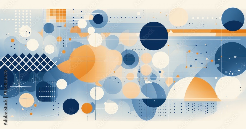 Poster abstract geometric design featuring circles and shapes in blue and orange tones, creating a modern v