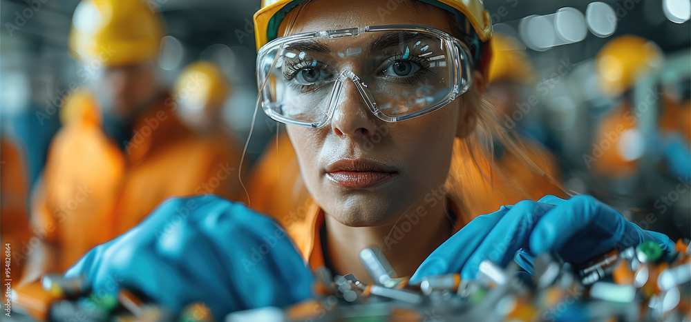 Aufkleber Engineers developing methods to reduce battery waste. Generative AI.