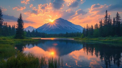 Fototapeta premium Mesmerizing Sunset Over Majestic Mountain Landscape with Serene Lake Reflection