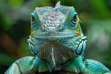 Fototapeta premium Close-Up of a Vibrant Blue and Green Iguana in Lush Jungle Setting