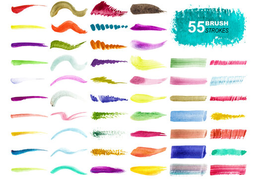 Vector collection of colorful watercolor brush strokes and splatters isolated on white background.