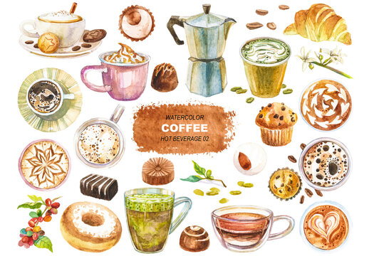 Vector watercolor painted coffee clipart. Hand drawn design elements isolated on white background.