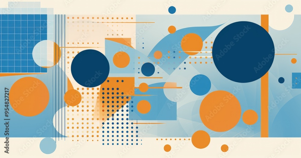 Poster a vibrant abstract composition featuring geometric shapes in blue and orange tones, creating a dynam