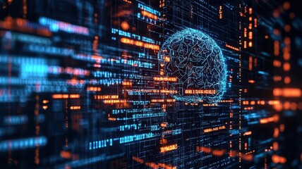 Obraz premium Futuristic Digital Brain with Floating Code and Data Streams in Cyberspace