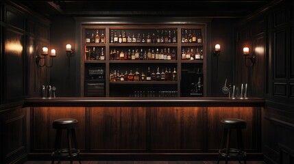 Dark and Moody Bar with Whiskey Bottles, Wooden Counter, and High Stools - Hyper-Realistic Canon EOS R5 Style. AI generated illustration