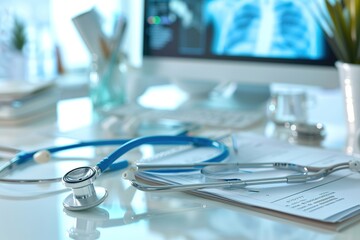 Stethoscope and medical documents on a desk with x-ray image on computer screen in background