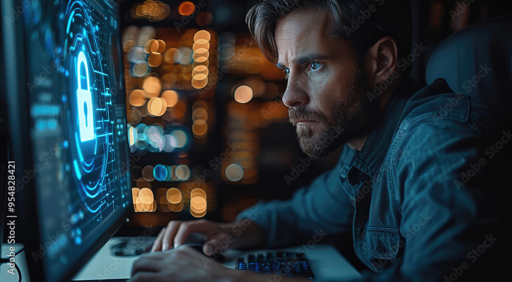 Poster cybersecurity specialist, sitting at a computer, cybersecurity, hacker, hologram in the form of a lo