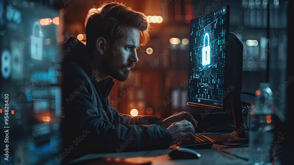 Poster Cybersecurity specialist, sitting at a computer, cybersecurity, hacker, hologram in the form of a lock. Generative AI.