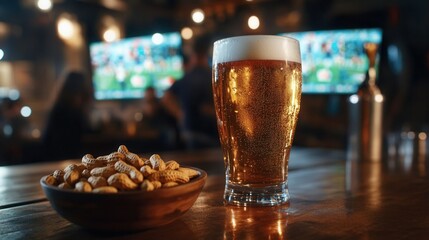 Lively Sports Bar Scene with a Frothy Pint of Beer, Peanuts, and Friends Enjoying the Game. AI generated illustration