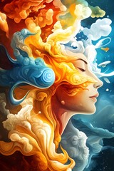 Abstract Female Face with Swirling Colors.