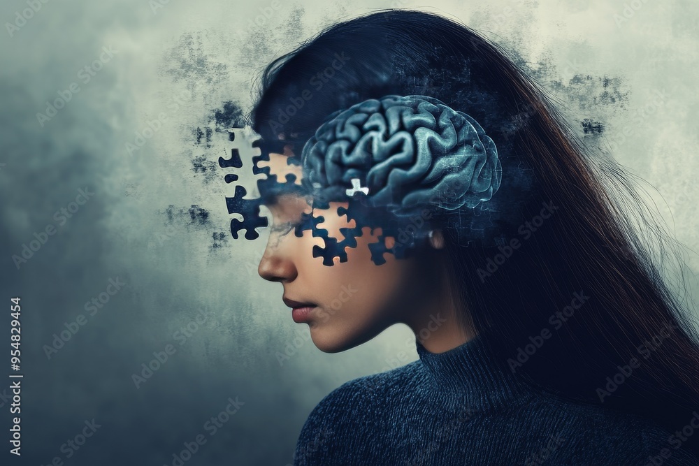 Poster neurogenesis emotional processing side profile of a young woman with a brain puzzle overlay symboliz