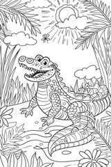 Cartoon crocodile in a jungle setting with a smiling expression and tropical plants