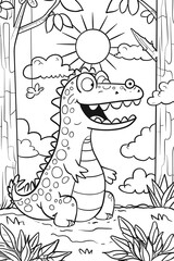 Cartoon crocodile in a jungle setting with a smiling expression and tropical plants