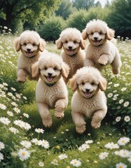 Playful Poodle Puppies Running Through Daisies