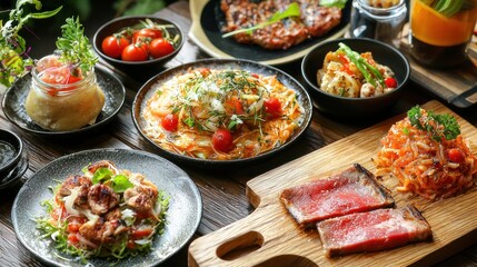 Fototapeta premium Natural food (various cuisines) Different food cooked on a wooden table Food backgrounds: table filled with large variety of food Table top of food spread on table.