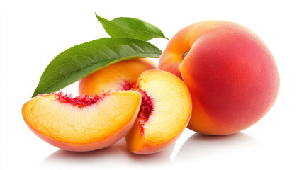 Peach and peach slice isolated on a white background. 