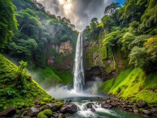 La Fortuna Waterfall after the rain cascades down the rocky cliffside, illuminated by the soft, diffused light of an overcast day, highlighting the vibrant green flora.