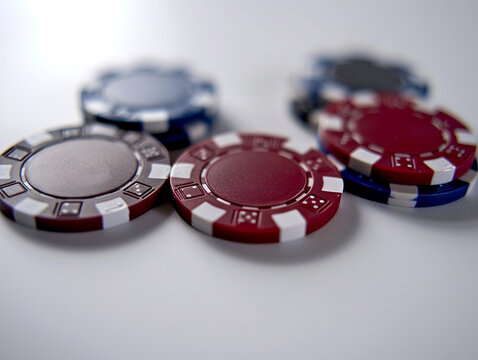 Realistic portrait of some poker chips, in a natural daylight with white background