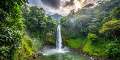 La Fortuna Waterfall after the rain lies shrouded in mist, with the water's gentle flow creating a soothing melody, amidst the lush tropical landscape.