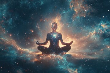 A mystical and serene image showing a silhouette of a person meditating, with a starry galaxy