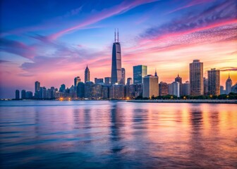 Fototapeta premium Lake Michigan in the evening with the Chicago skyline silhouetted against a soft pink and blue backdrop