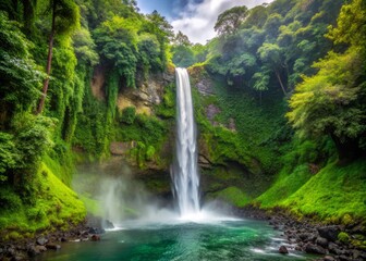 Fototapeta premium La Fortuna Waterfall after the rain presents a breathtaking display of natural beauty, with the water's flow, mist, and lush surroundings combining to evoke a sense of wonder.
