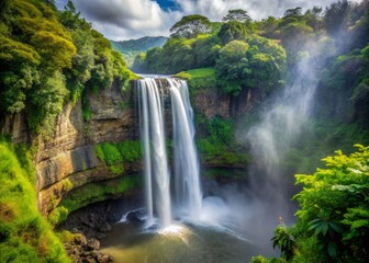 Wailua Falls in the afternoon with the mist creating a veil of mystery, highlighting the force and power of the falling water.