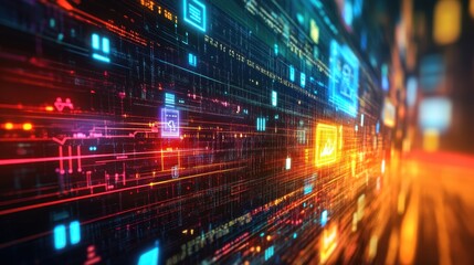 Fototapeta premium Futuristic Digital Landscape with Vibrant Neon Patterns