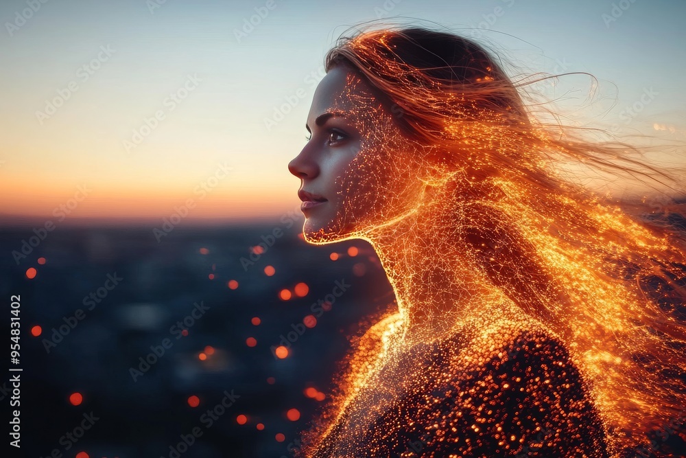 Poster anterior cingulate cortex dopamine surge womans profile dissolving into golden particles against a s