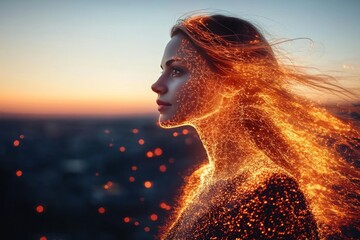 Anterior cingulate cortex Dopamine surge Womans profile dissolving into golden particles against a sunset backdrop symbolizing the transformation and ephemeral nature of existence and time