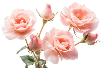 Fototapeta premium Blush Pink Rose Cluster: Delicate Blooms & Unopened Buds on White