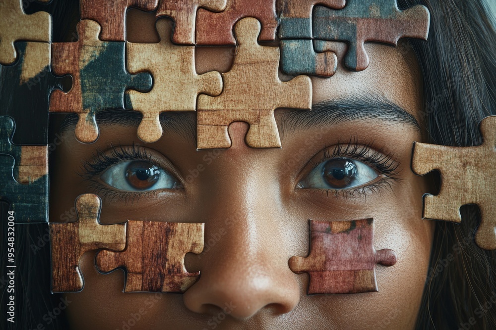 Aufkleber ventromedial prefrontal cortex dopamine surge conceptual portrait of woman with jigsaw puzzle pieces