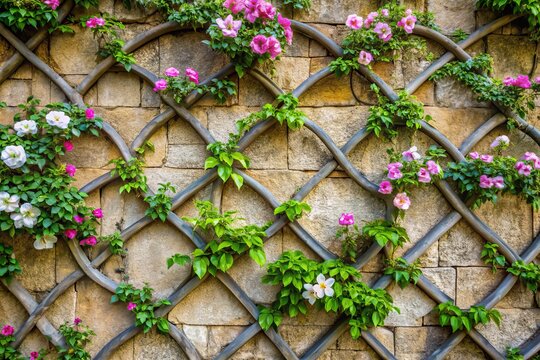 a photo image of a delicate trelis pattern of intertwining vines and flowers adorning a rustic stone wall in a serene botanical garden