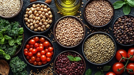 A vibrant collection of fresh green vegetables, various grains, and bright red tomatoes is beautifully arranged on a dark stone surface, showcasing nature's bounty for meal preparation