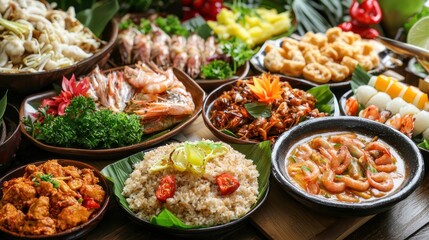 Obraz premium Natural food (various cuisines) Different food cooked on a wooden table Food backgrounds: table filled with large variety of food 