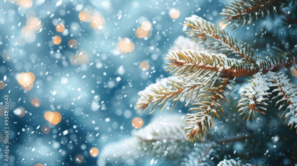 Poster snow falling on christmas tree branches with a garland. generative ai.