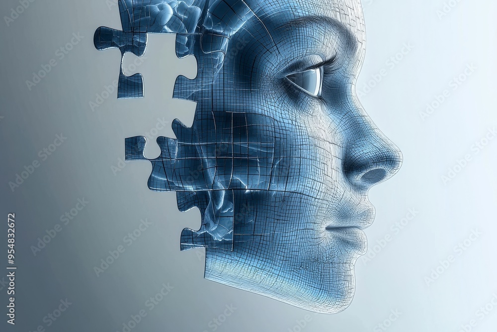 Poster reward system dopamine surge digital double exposure of a womans profile with puzzle pieces symboliz
