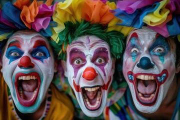 Clowns Party - Group of Happy Clowns in Vibrant Colors Shouting and Celebrating